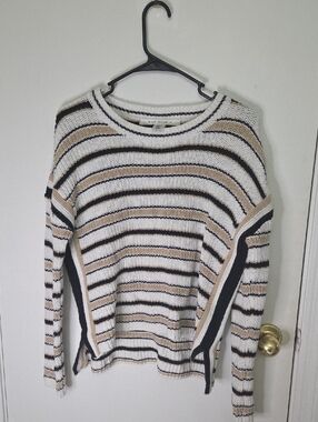 Max Studio Striped Crewneck Sweater in White, Black & Tan